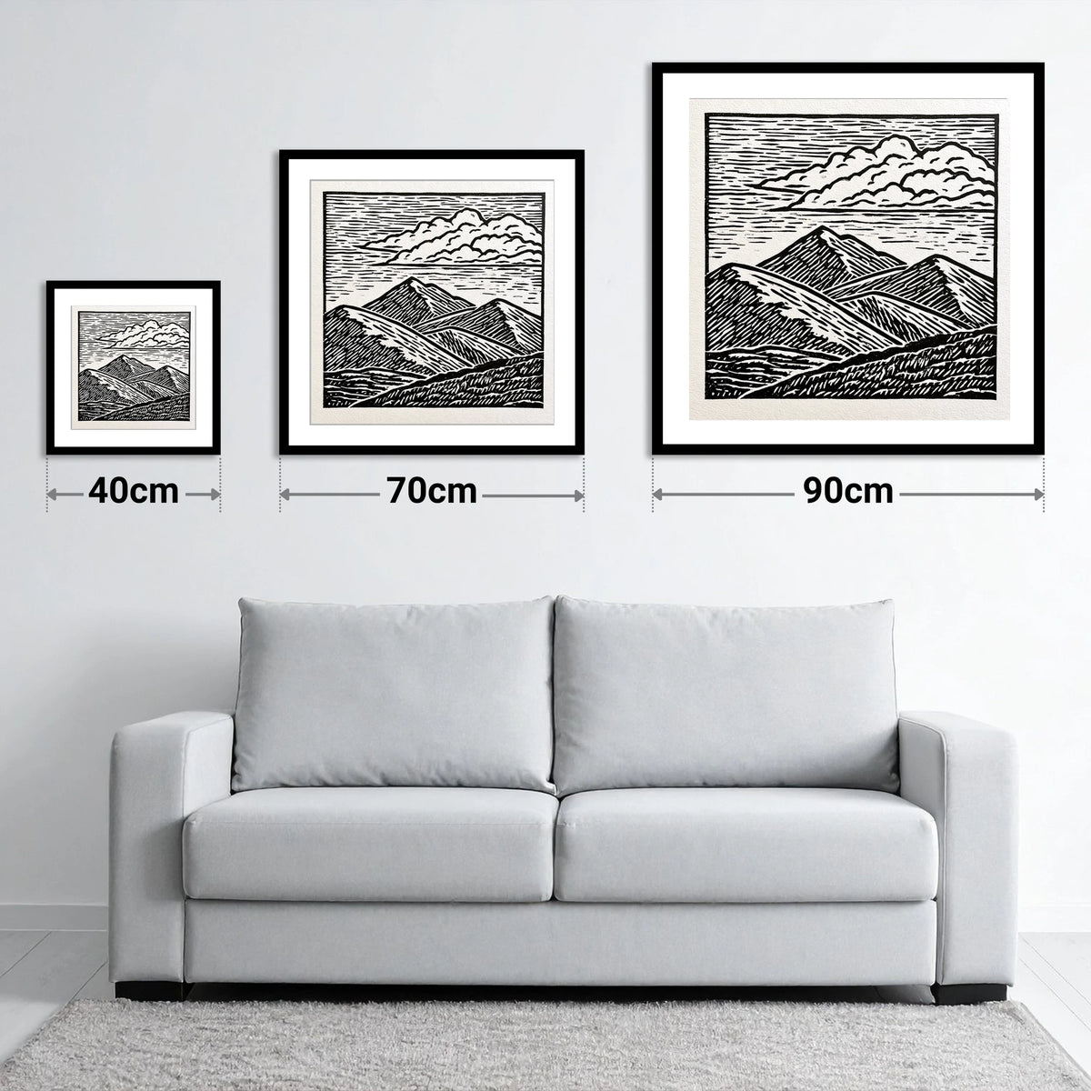 Black and White Rolling Fells - size guide showing 40cm, 70cm and 90cm art prints
