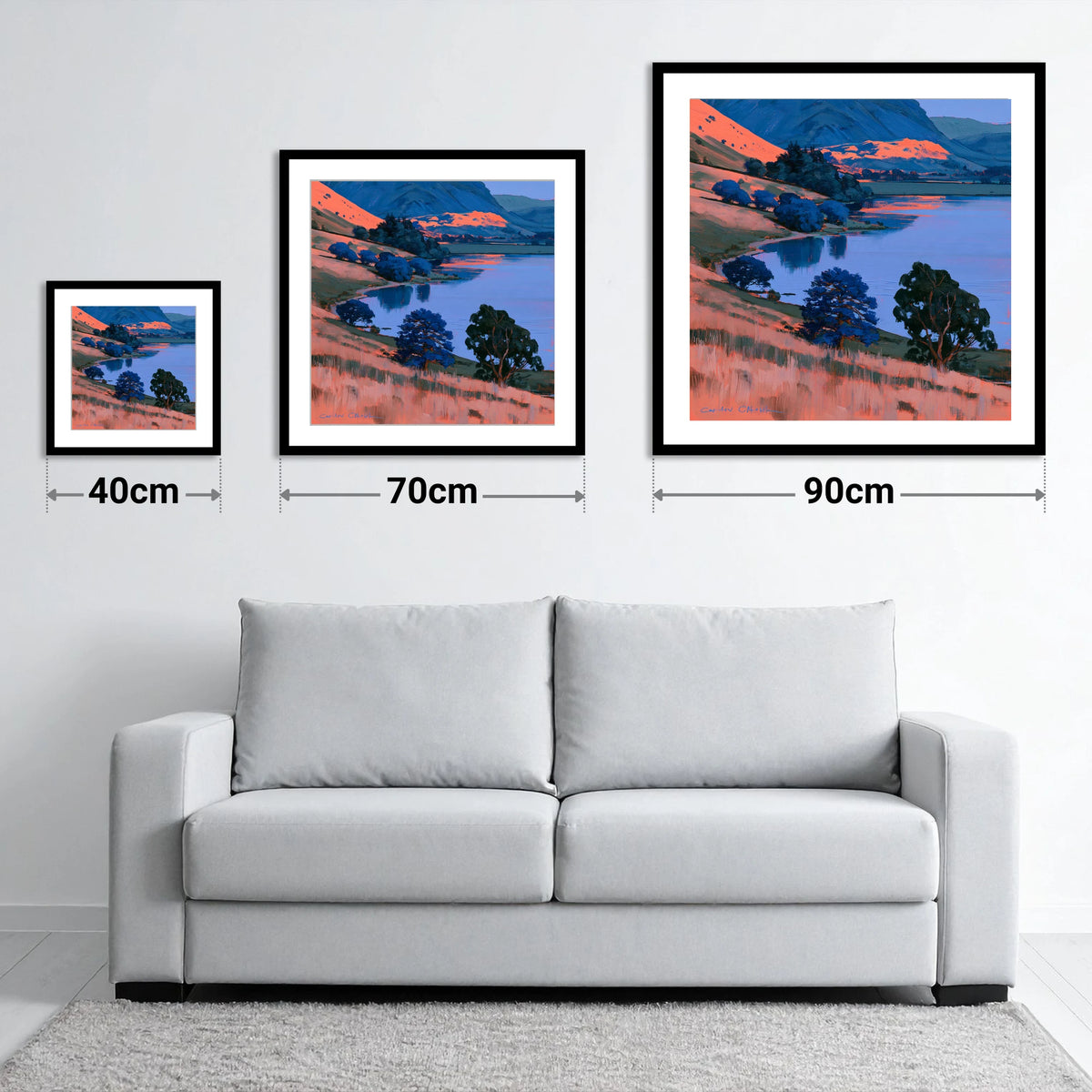 Coral Fells and Blue Lake - size guide showing 40cm, 70cm and 90cm art prints