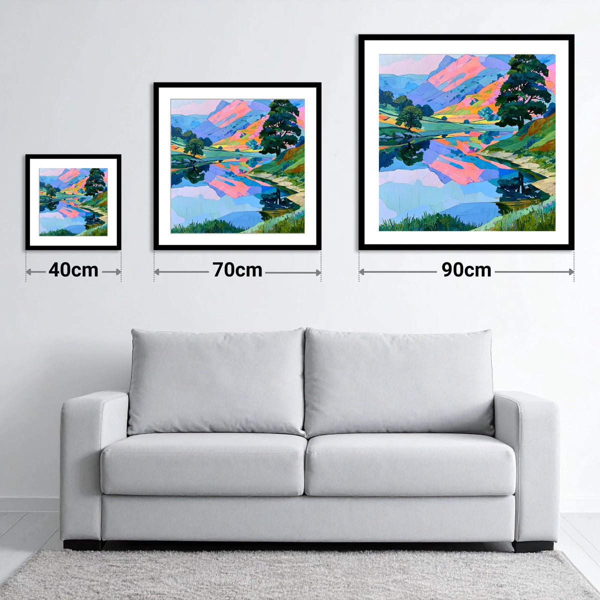 Pastel Fells and Calm Lake Reflections - size guide showing 40cm, 70cm and 90cm art prints