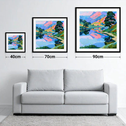 Pastel Fells and Calm Lake Reflections - size guide showing 40cm, 70cm and 90cm art prints