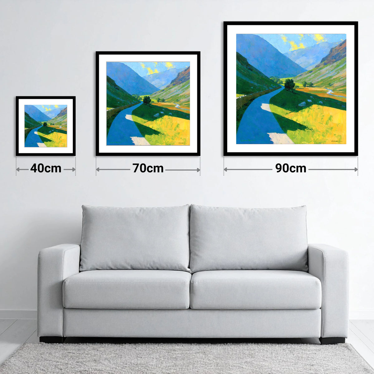 Winding Mountain Pass in Vivid Colour - size guide showing 40cm, 70cm and 90cm art prints