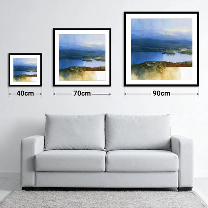 Indigo Windermere from Brant Fell - size guide showing 40cm, 70cm and 90cm art prints