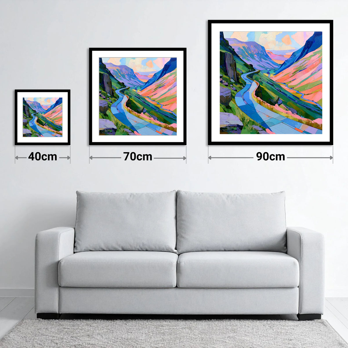 Colourful Winding Mountain Pass - size guide showing 40cm, 70cm and 90cm art prints