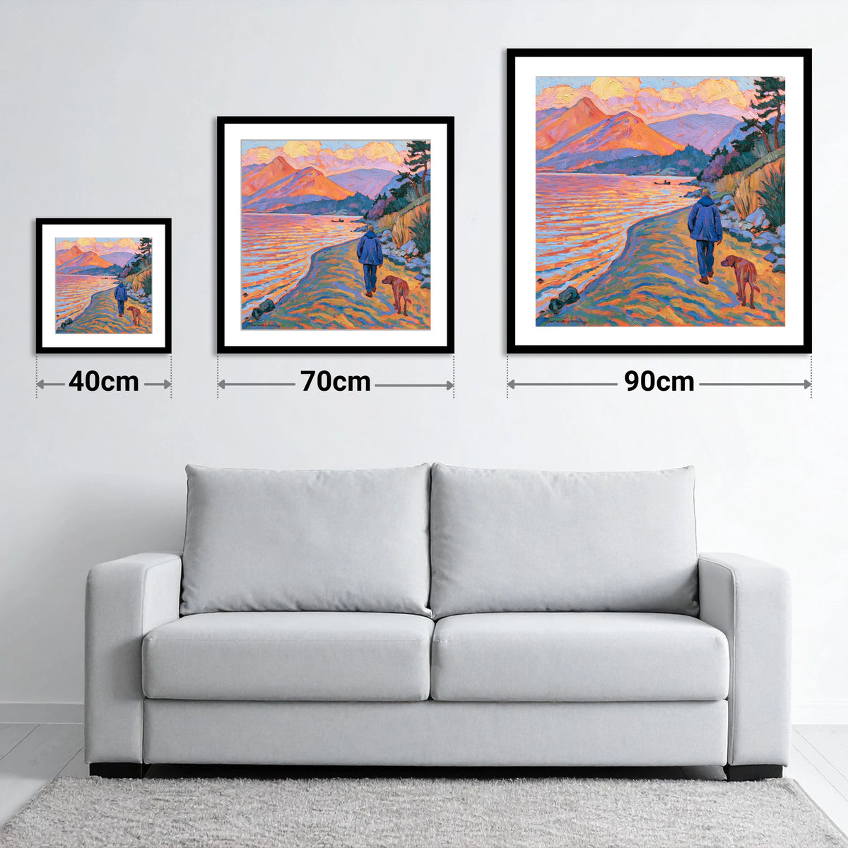Vibrant Derwentwater Dog Walk - size guide showing 40cm, 70cm and 90cm art prints