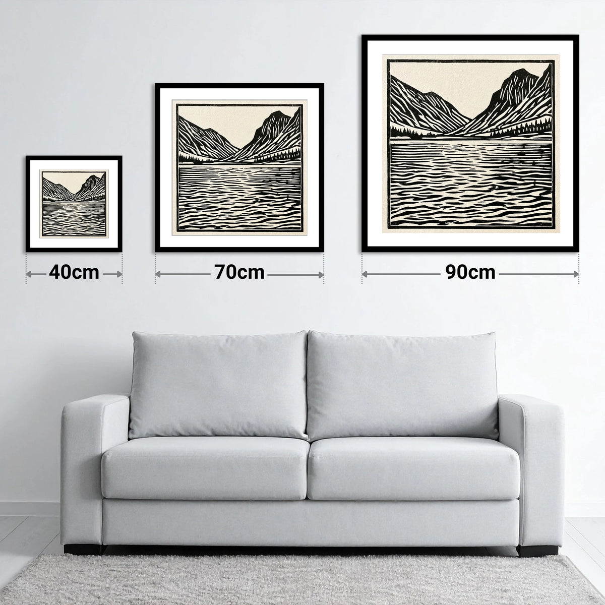 Ennerdale Water in Monochrome - size guide showing 40cm, 70cm and 90cm art prints