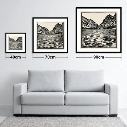 Ennerdale Water in Monochrome - size guide showing 40cm, 70cm and 90cm art prints