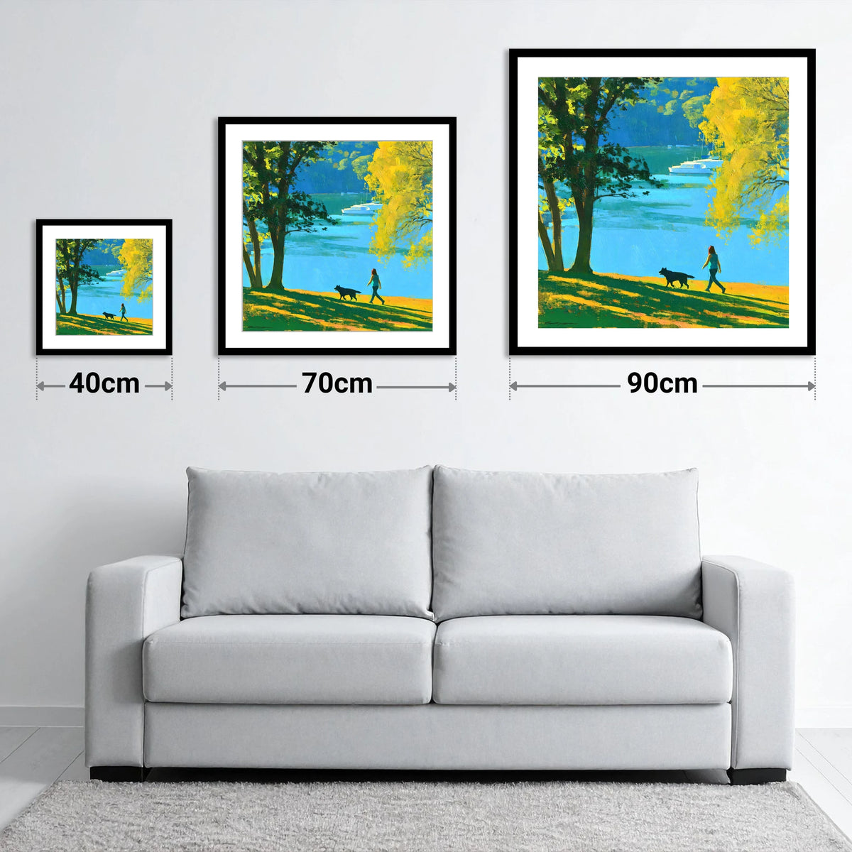 Vibrant Dog Walk at Windermere - size guide showing 40cm, 70cm and 90cm art prints