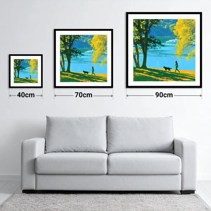 Vibrant Dog Walk at Windermere - size guide showing 40cm, 70cm and 90cm art prints