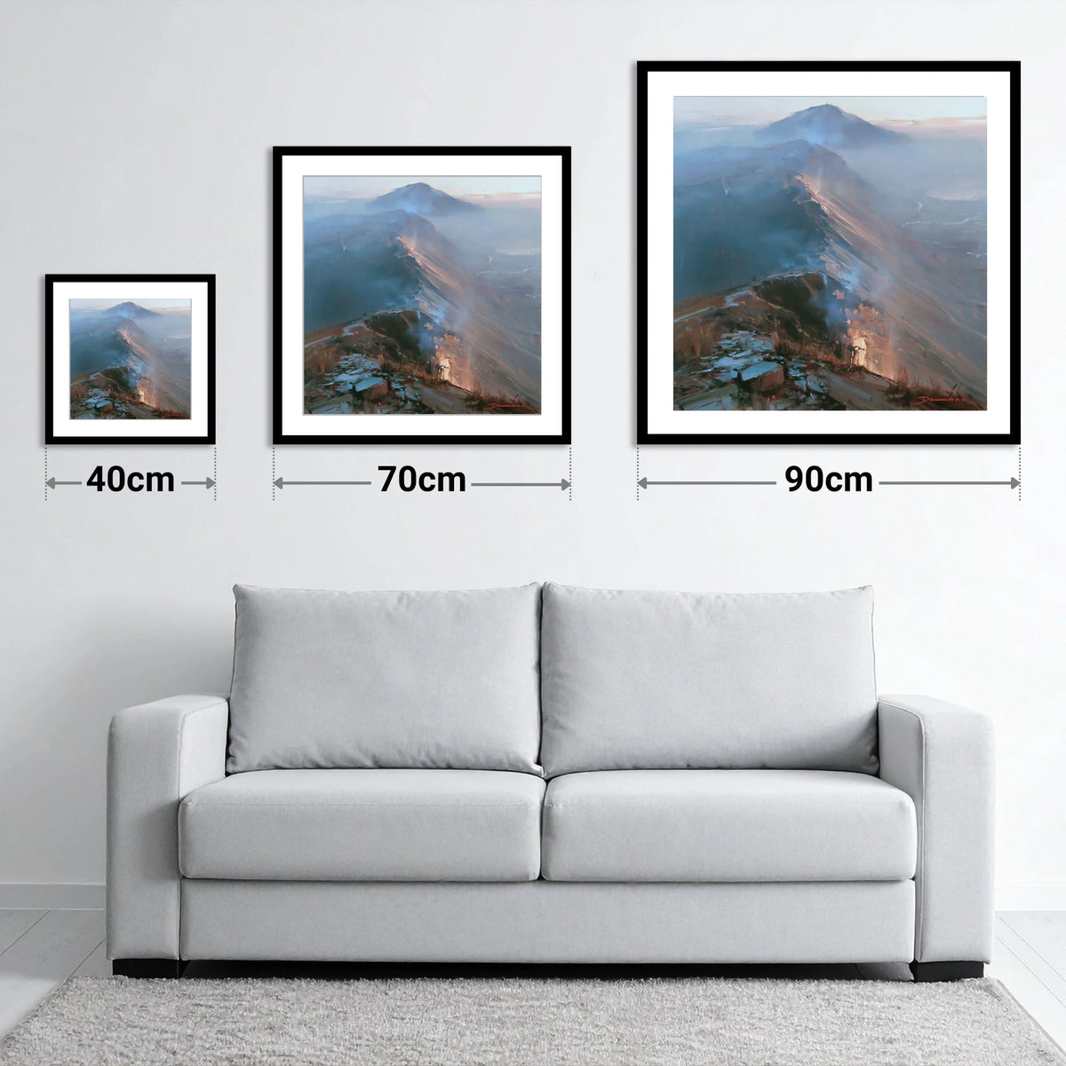 Golden Light on Mountain Ridge - size guide showing 40cm, 70cm and 90cm art prints