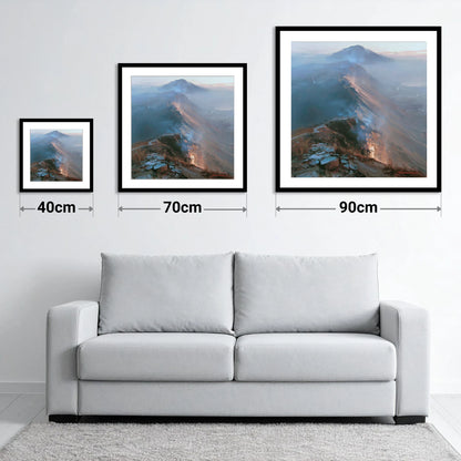 Golden Light on Mountain Ridge - size guide showing 40cm, 70cm and 90cm art prints