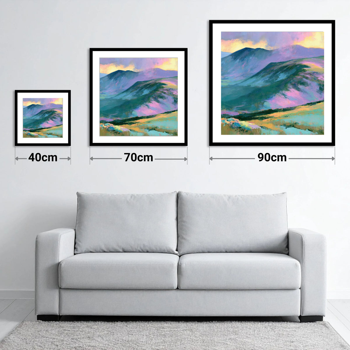Mountain Summit in Pastel Light - size guide showing 40cm, 70cm and 90cm art prints
