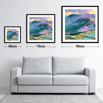 Mountain Summit in Pastel Light - size guide showing 40cm, 70cm and 90cm art prints