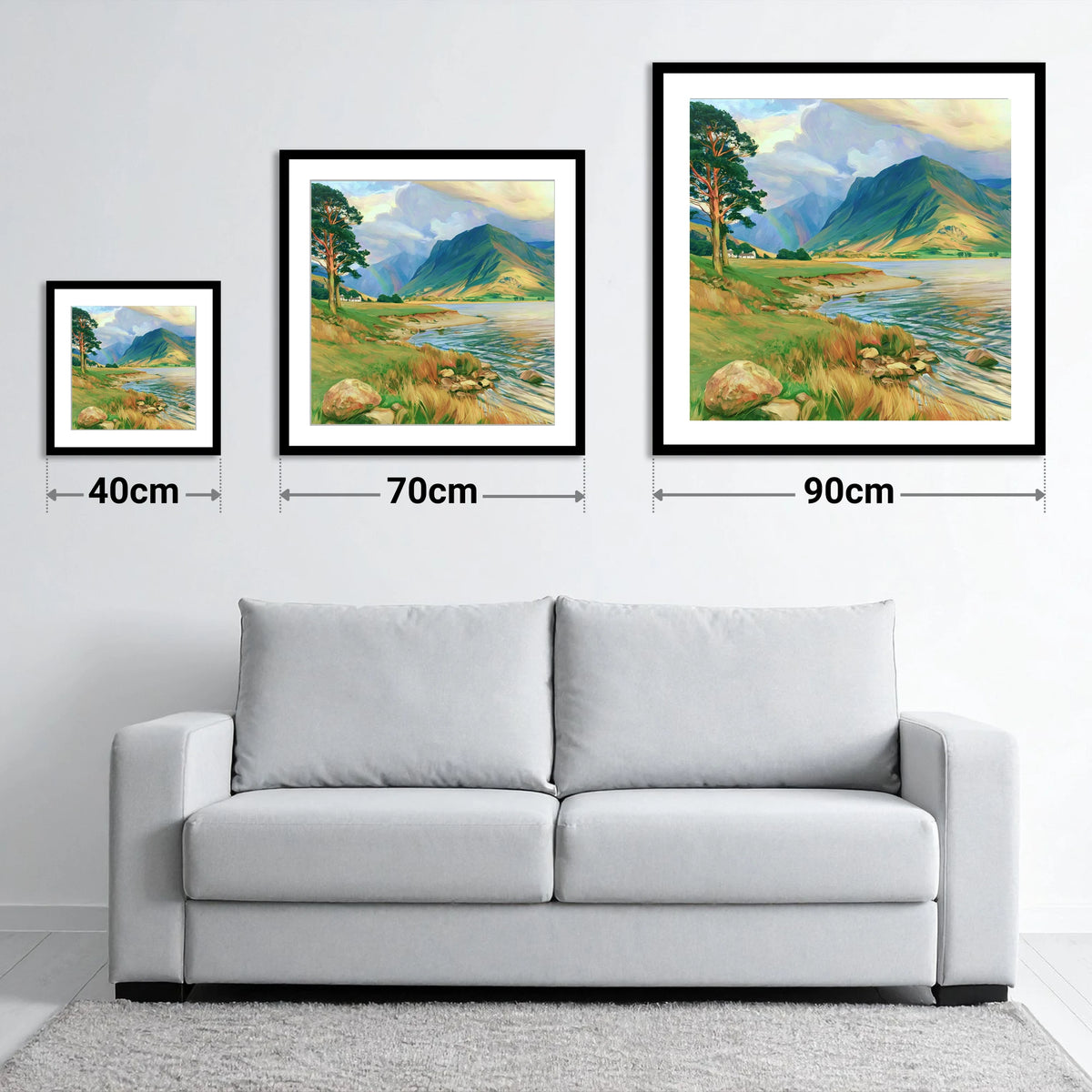 Lakeshore Rainbow After Rain - size guide showing 40cm, 70cm and 90cm art prints