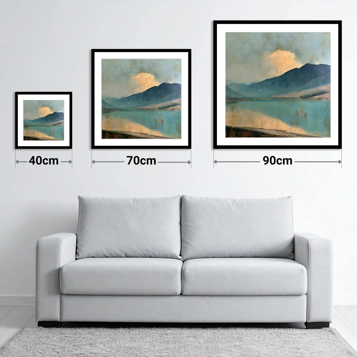 Cloud Break Over Crummock Water - size guide showing 40cm, 70cm and 90cm art prints