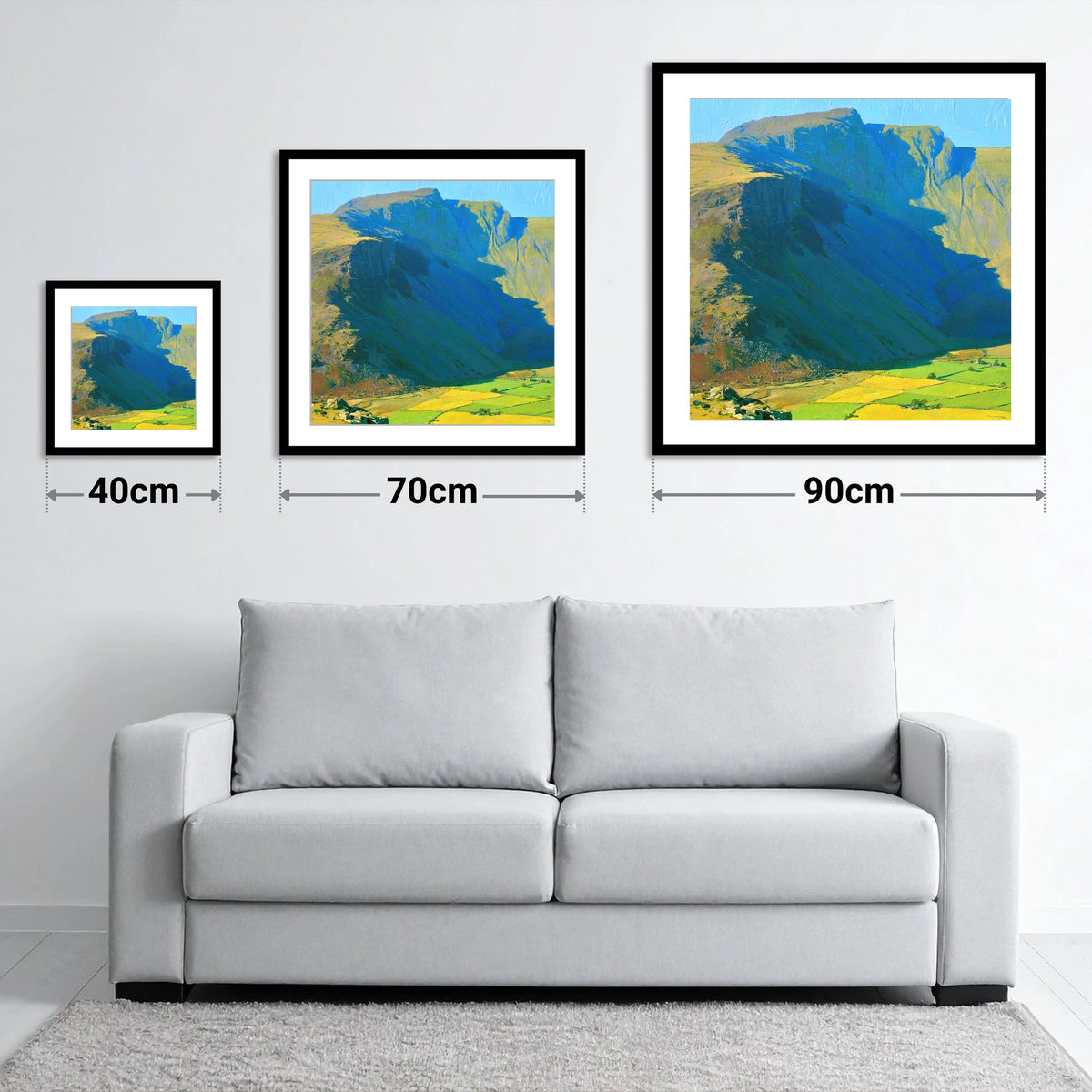 Scafell Pike Above Vibrant Fields - size guide showing 40cm, 70cm and 90cm art prints