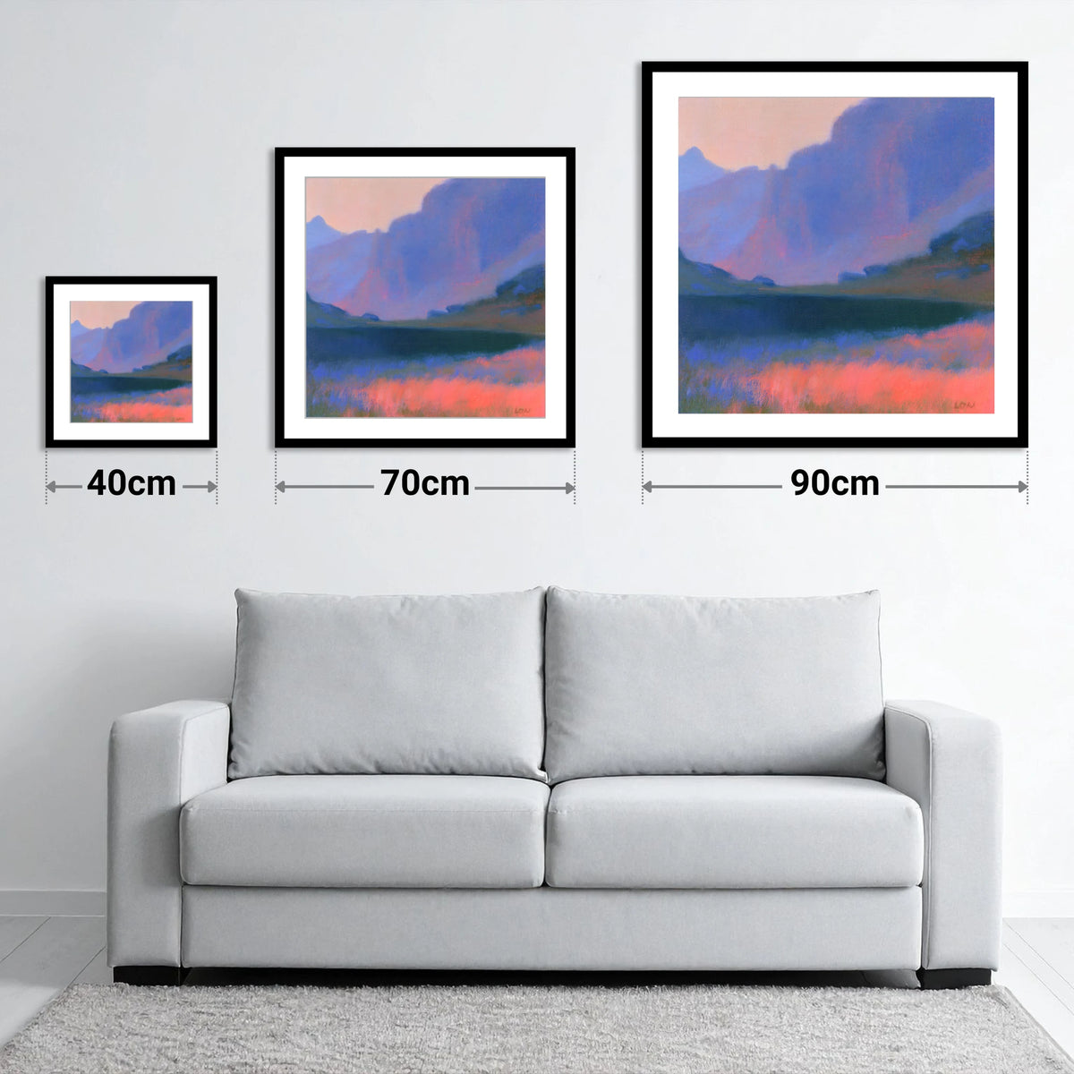 Pink Dusk at Stickle Tarn - size guide showing 40cm, 70cm and 90cm art prints