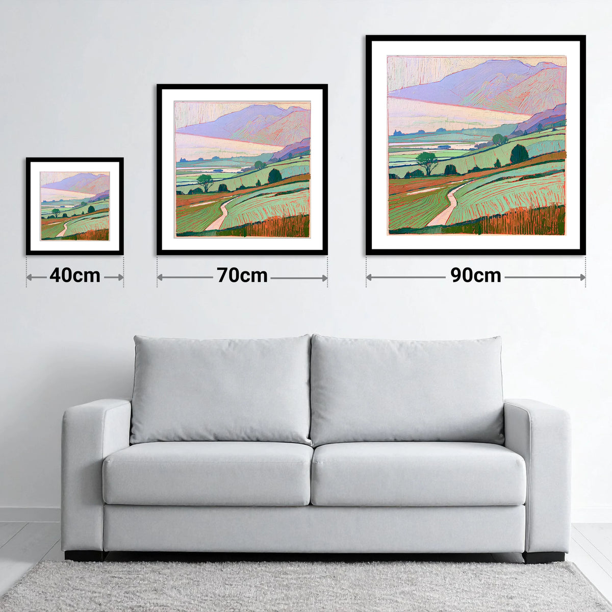 Pastel Mist Over Valley Fields - size guide showing 40cm, 70cm and 90cm art prints