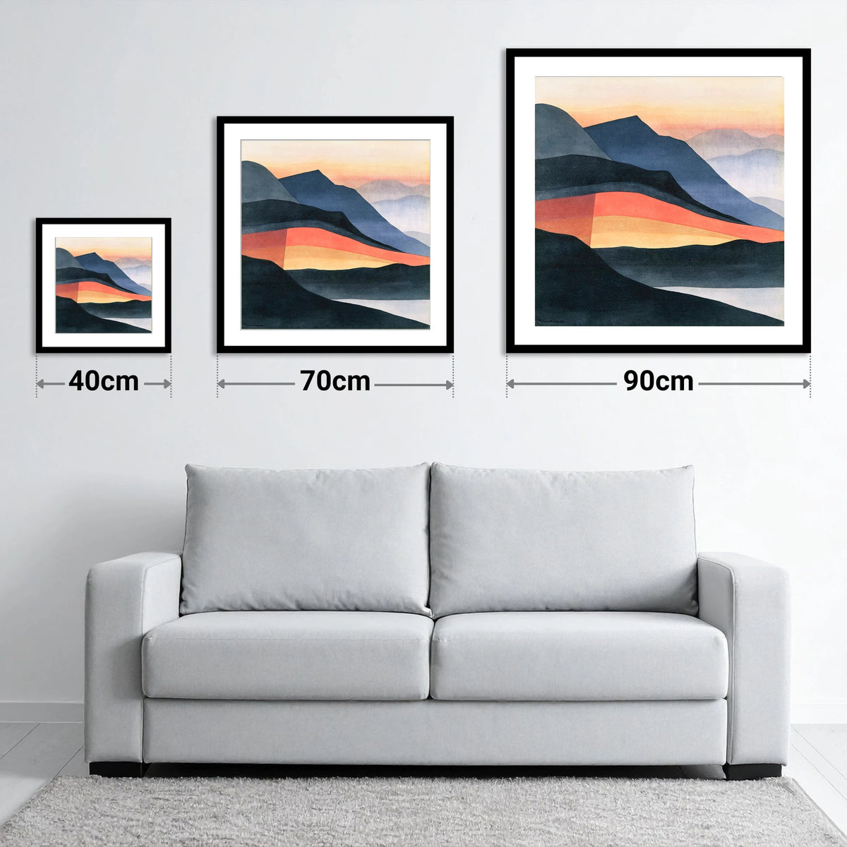 Charcoal and Terracotta Summit View - size guide showing 40cm, 70cm and 90cm art prints