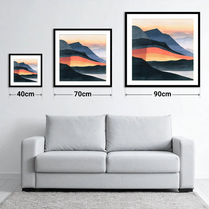 Charcoal and Terracotta Summit View - size guide showing 40cm, 70cm and 90cm art prints
