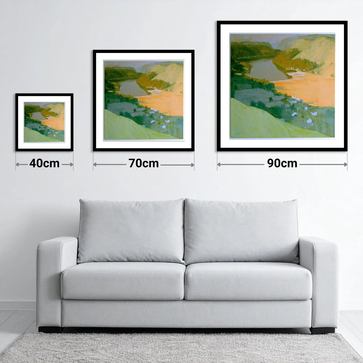 Glenridding and Ullswater Apricot Light - size guide showing 40cm, 70cm and 90cm art prints
