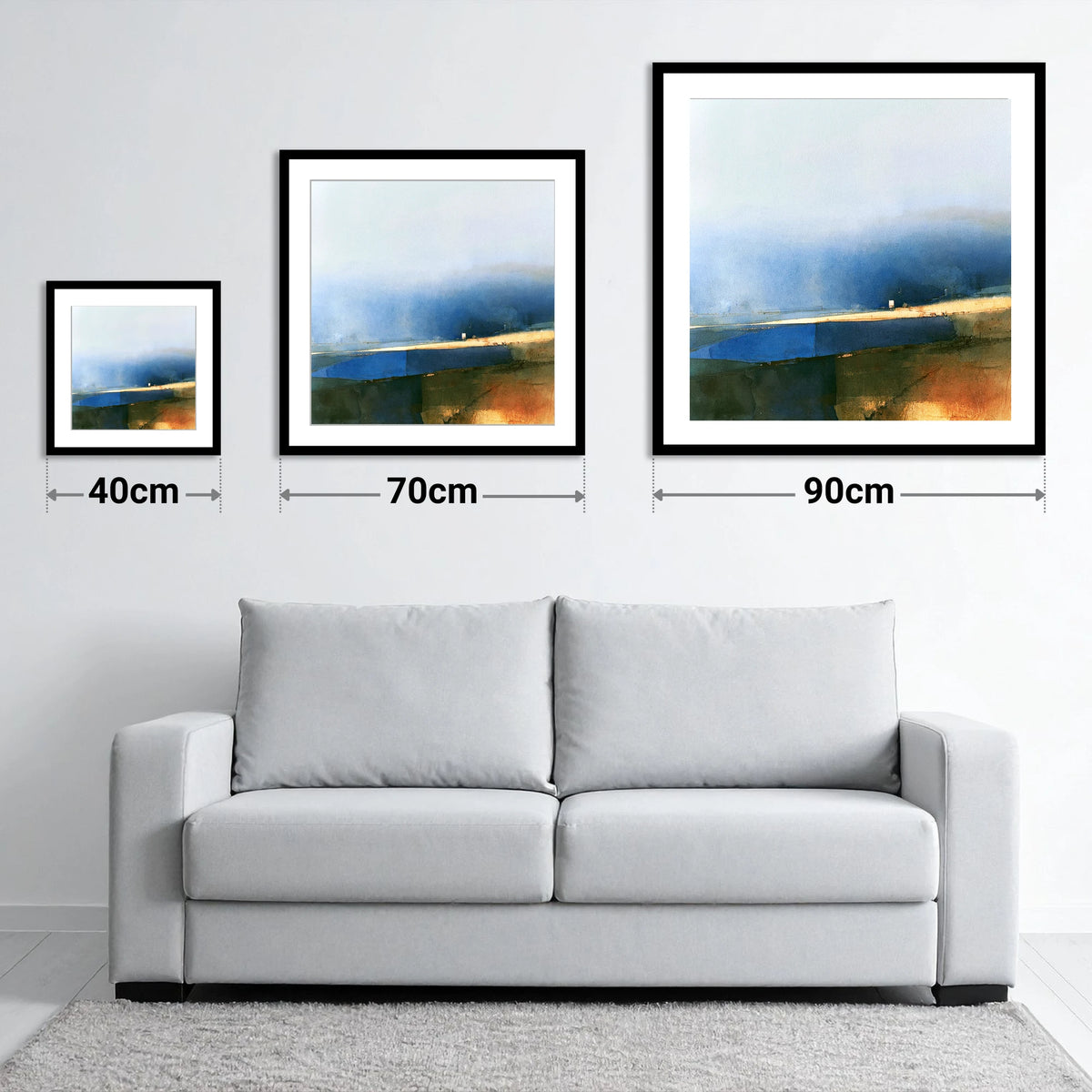 Patchwork Fields Under Indigo Skies - size guide showing 40cm, 70cm and 90cm art prints