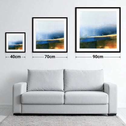 Patchwork Fields Under Indigo Skies - size guide showing 40cm, 70cm and 90cm art prints