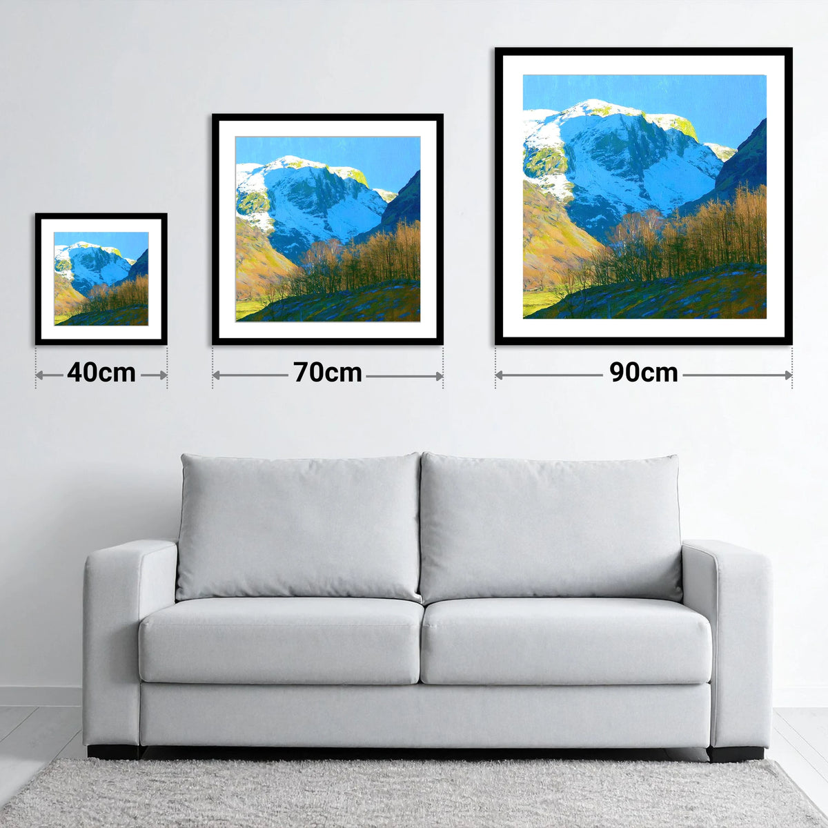 Eagle Crag in Winter Sun - size guide showing 40cm, 70cm and 90cm art prints