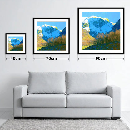 Eagle Crag in Winter Sun - size guide showing 40cm, 70cm and 90cm art prints