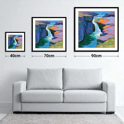 Vibrant Lake District Waterfall - size guide showing 40cm, 70cm and 90cm art prints