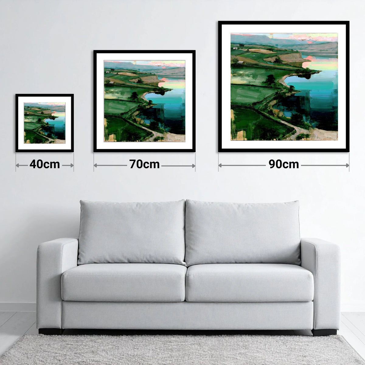Pink Sky Over Turquoise Lake - size guide showing 40cm, 70cm and 90cm art prints