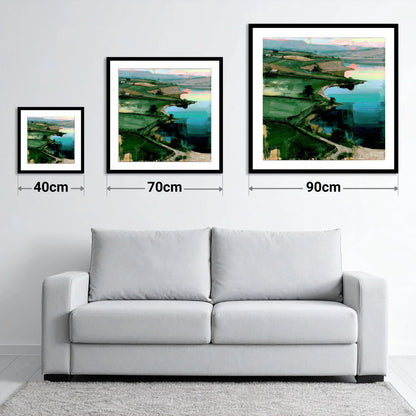 Pink Sky Over Turquoise Lake - size guide showing 40cm, 70cm and 90cm art prints