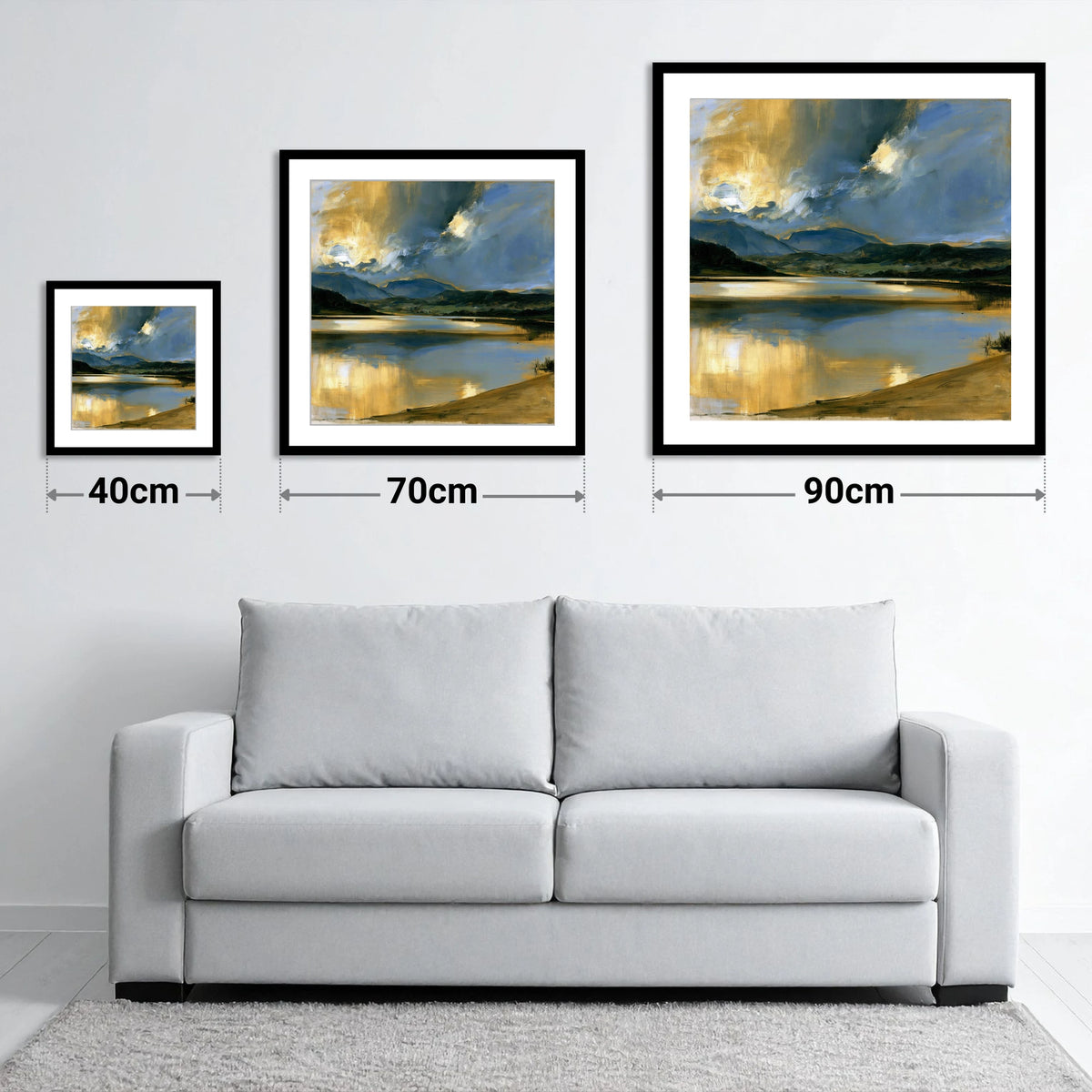 Ochre Dawn Over Still Lake - size guide showing 40cm, 70cm and 90cm art prints