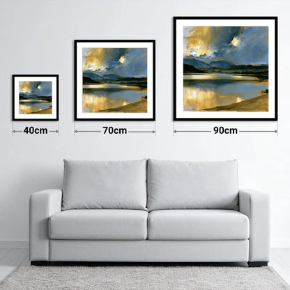 Ochre Dawn Over Still Lake - size guide showing 40cm, 70cm and 90cm art prints