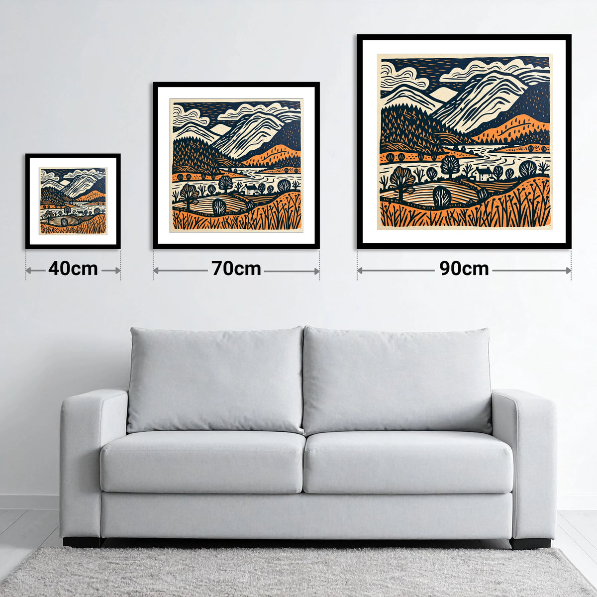 Grasmere Fells in Terracotta and Navy - size guide showing 40cm, 70cm and 90cm art prints