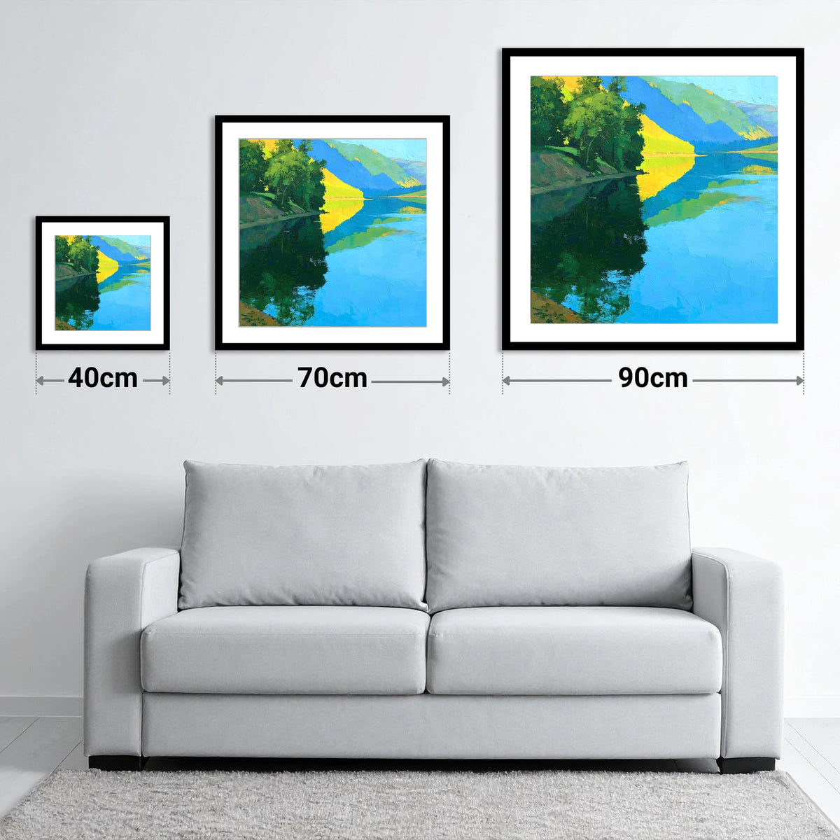 Sunlit Fells Reflecting in Cerulean Water - size guide showing 40cm, 70cm and 90cm art prints