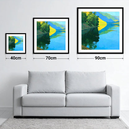 Sunlit Fells Reflecting in Cerulean Water - size guide showing 40cm, 70cm and 90cm art prints