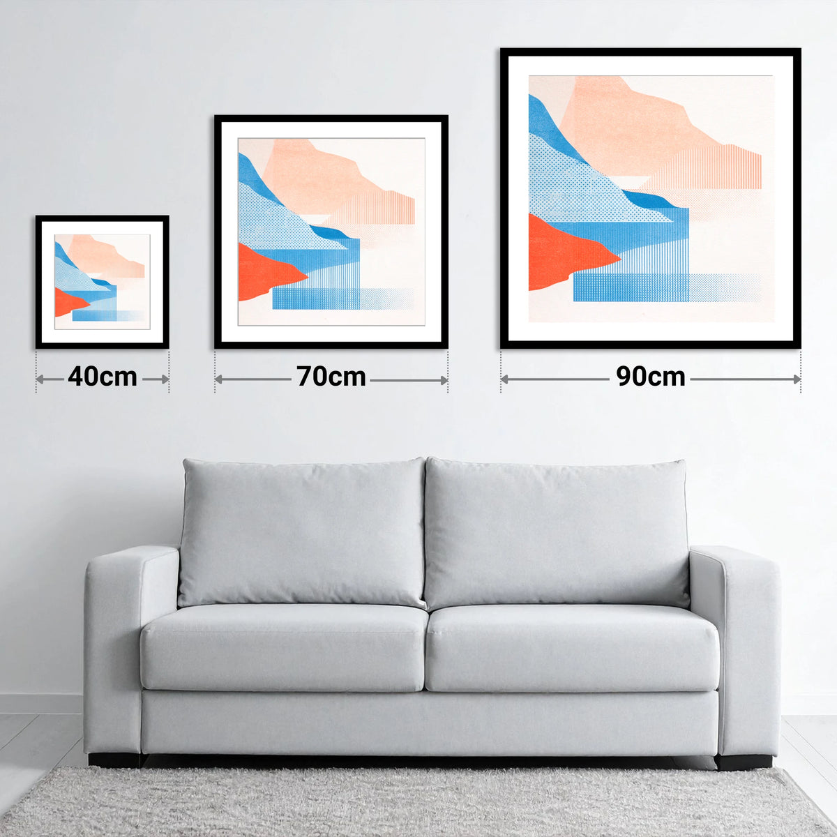 Abstract Crummock Water Fells - size guide showing 40cm, 70cm and 90cm art prints