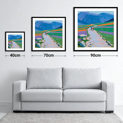 Hikers on a Vibrant Fell Path - size guide showing 40cm, 70cm and 90cm art prints