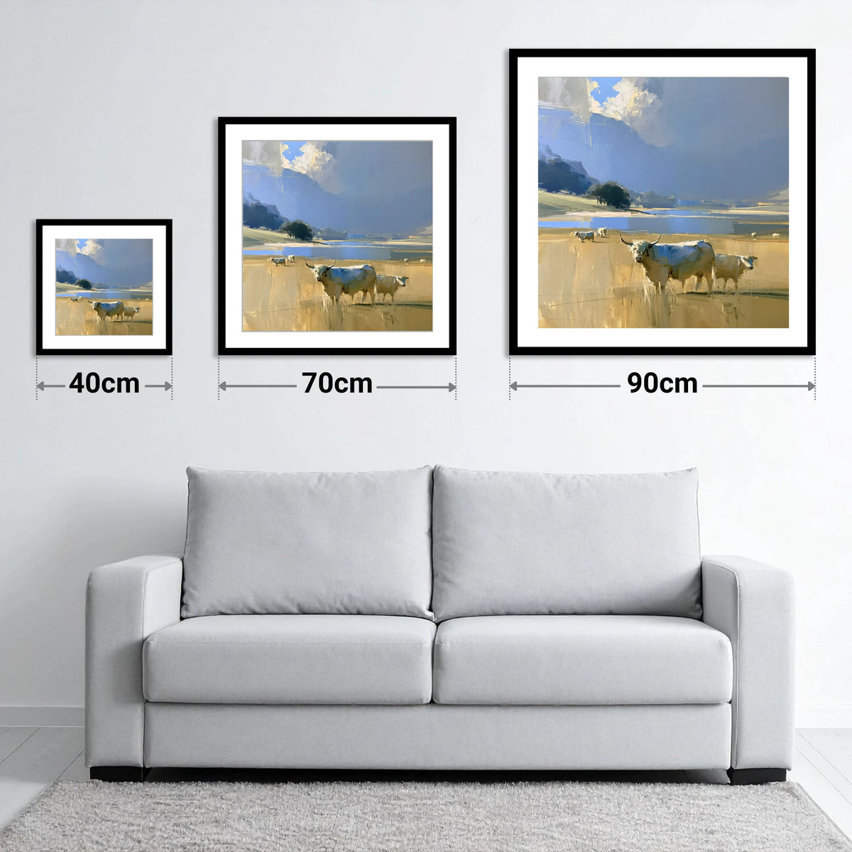 Highland Cattle Before Moody Fells - size guide showing 40cm, 70cm and 90cm art prints