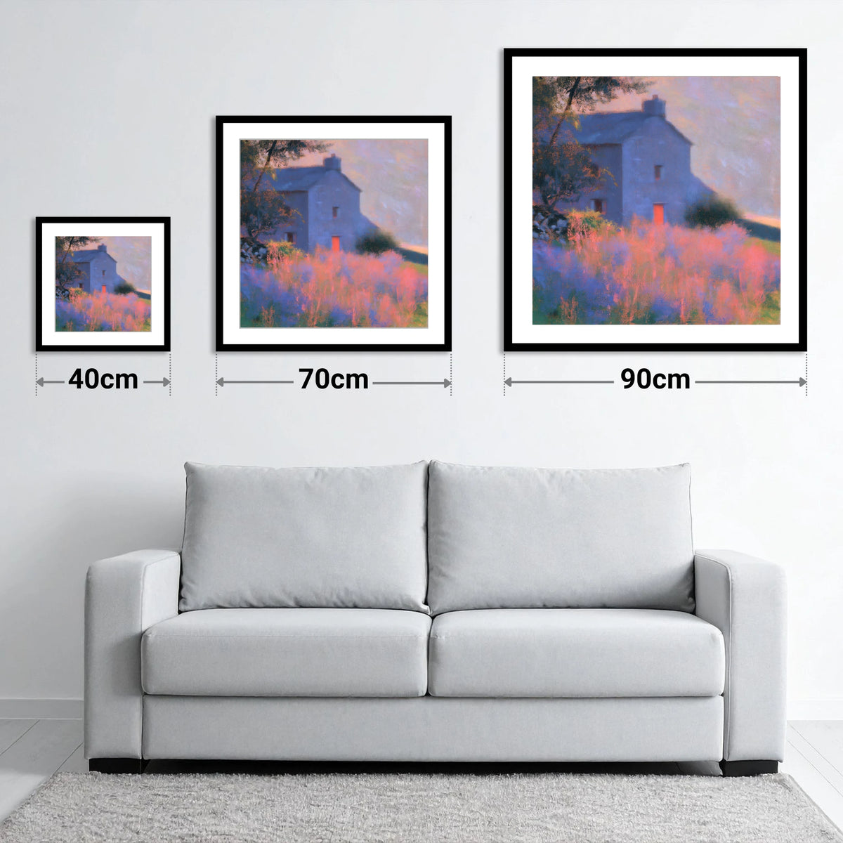 Stone Cottage in Pink Twilight - size guide showing 40cm, 70cm and 90cm art prints