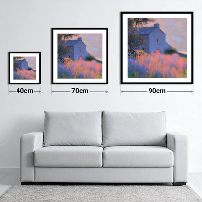Stone Cottage in Pink Twilight - size guide showing 40cm, 70cm and 90cm art prints