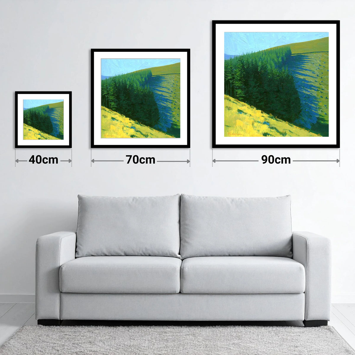Conifer Shadows on Broom Fell - size guide showing 40cm, 70cm and 90cm art prints