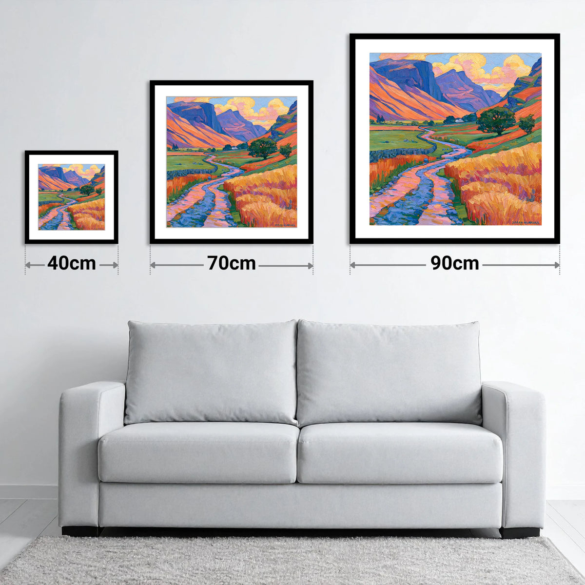 Sunlit Fell Side and Winding Beck - size guide showing 40cm, 70cm and 90cm art prints