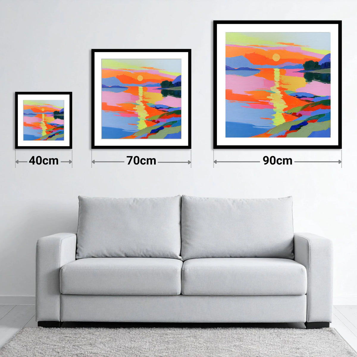 Vivid Sunset Over the Water - size guide showing 40cm, 70cm and 90cm art prints