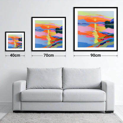 Vivid Sunset Over the Water - size guide showing 40cm, 70cm and 90cm art prints