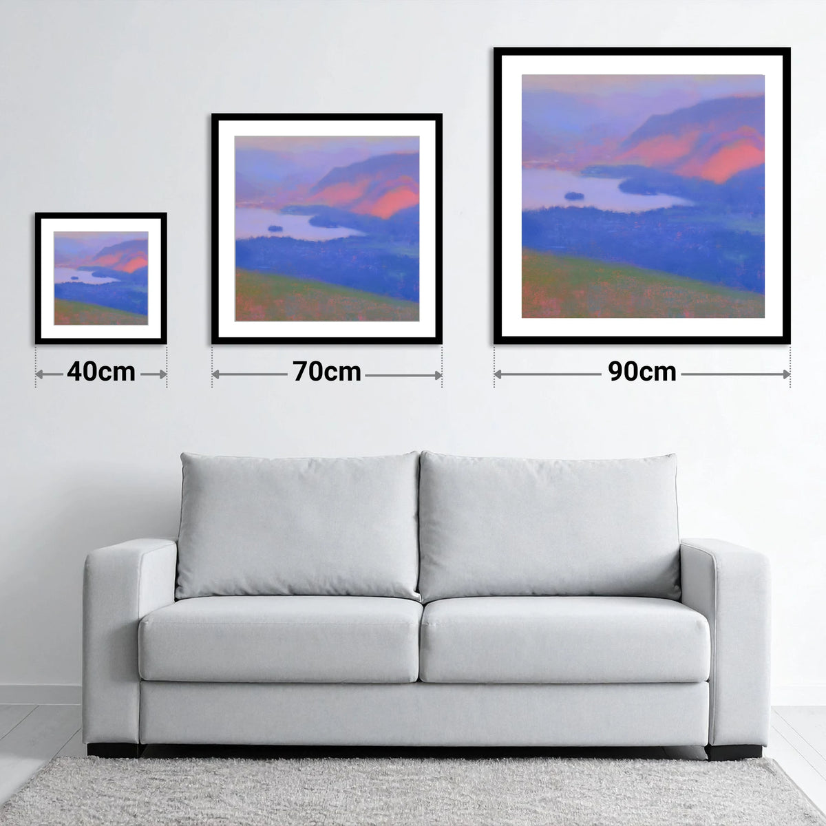 Keswick And Derwentwater At Twilight - size guide showing 40cm, 70cm and 90cm art prints