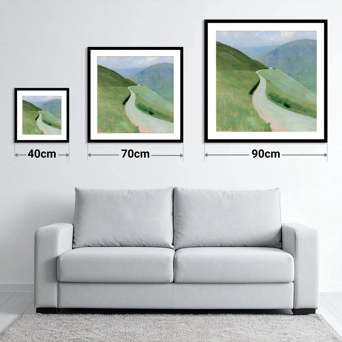 Winding Pass in Soft Greens - size guide showing 40cm, 70cm and 90cm art prints