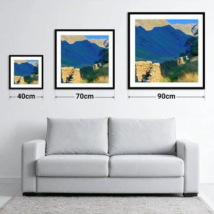 Sunlit Wall and Shadowed Fells - size guide showing 40cm, 70cm and 90cm art prints