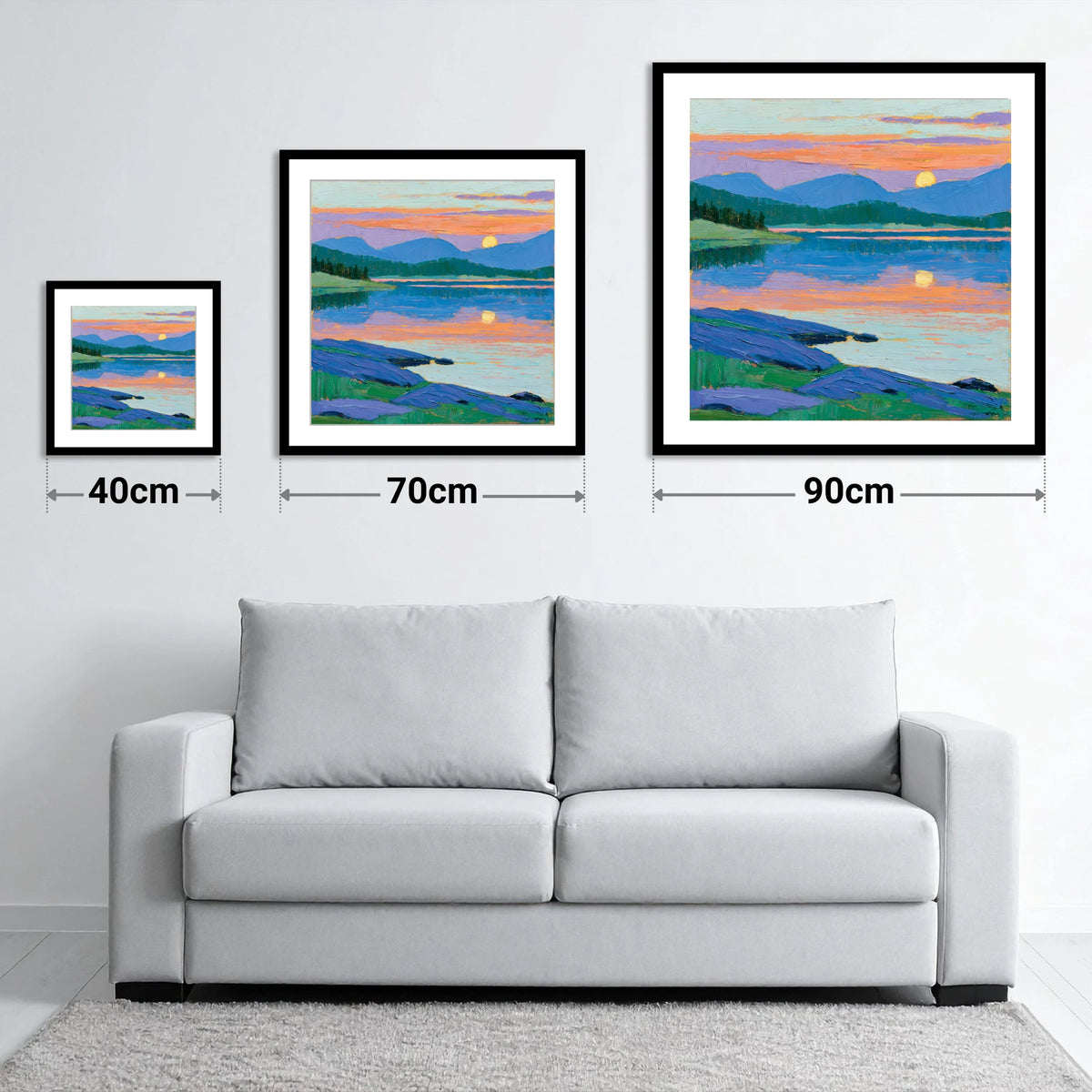 Dawn Reflections on Cobalt Lake - size guide showing 40cm, 70cm and 90cm art prints