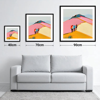 Colourful Fell Ridge Hikers - size guide showing 40cm, 70cm and 90cm art prints